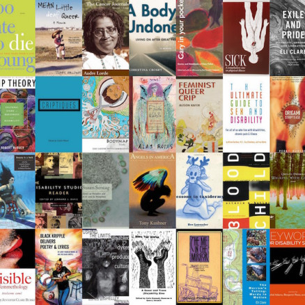 The covers of dozens of books discussing queerness, race, disability, and/or feminism are aligned in a grid.