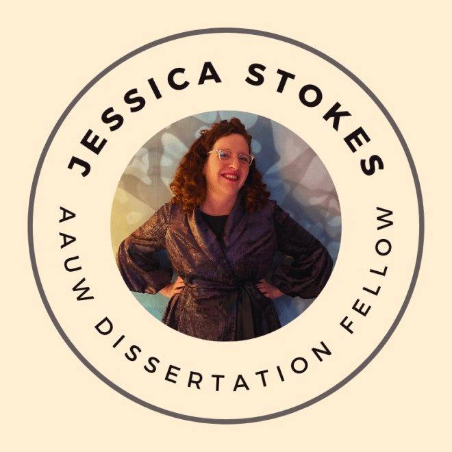 In the middle of a circle of text, Jessica stands with their hands on their hips. Jessica is wearing a dark purple blazer and has rich, red hair. Text reads