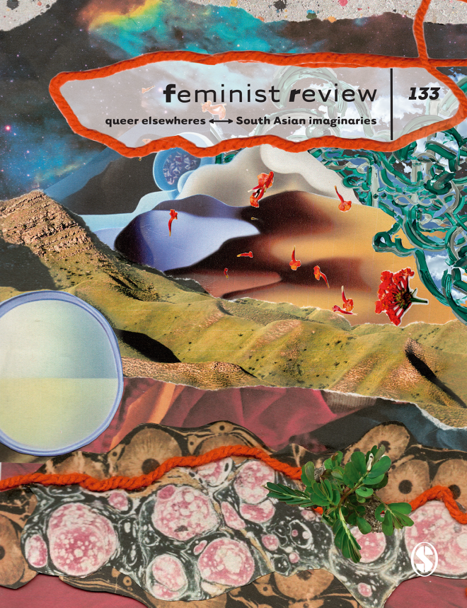 A collage of colors and images creates a surreal landscape that moves between celestial rainbows, sand dunes, mountains, and animal cells as viewed under a microscope. Text reads: feminist review 133: queer elsewheres South Asian imaginaries.